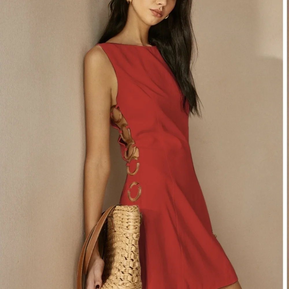 Commense Dress Mini O Ring Cutout Sleeveless Zipper Back Linen Blend Red XS NWT - Picture 5 of 5